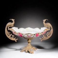 Large Peacock Centerpiece Bowl, Gilt Metal & Porcelain Table Jardinière - 19.7in