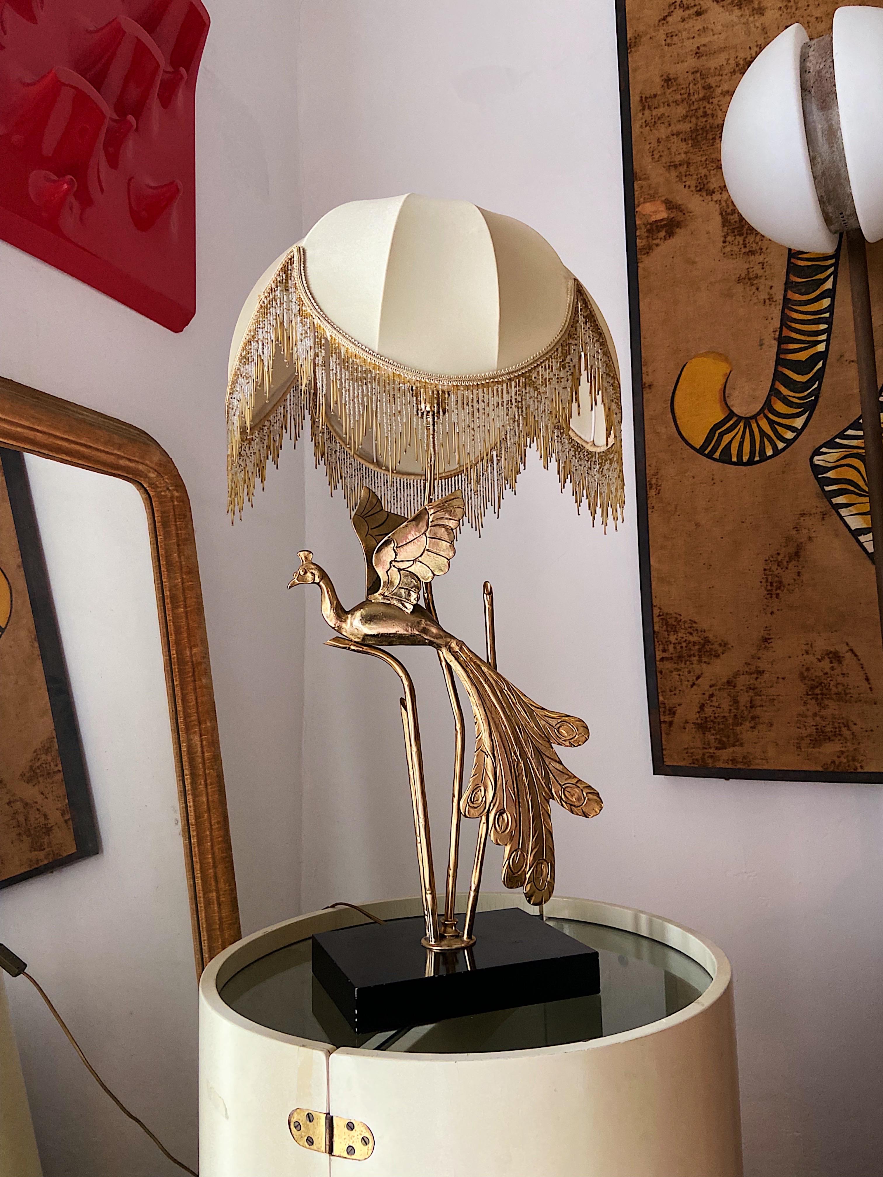 Brass Large Peacock Table Lamp by Lanciotto Galeotti for L''originale, Italy, 1970s For Sale
