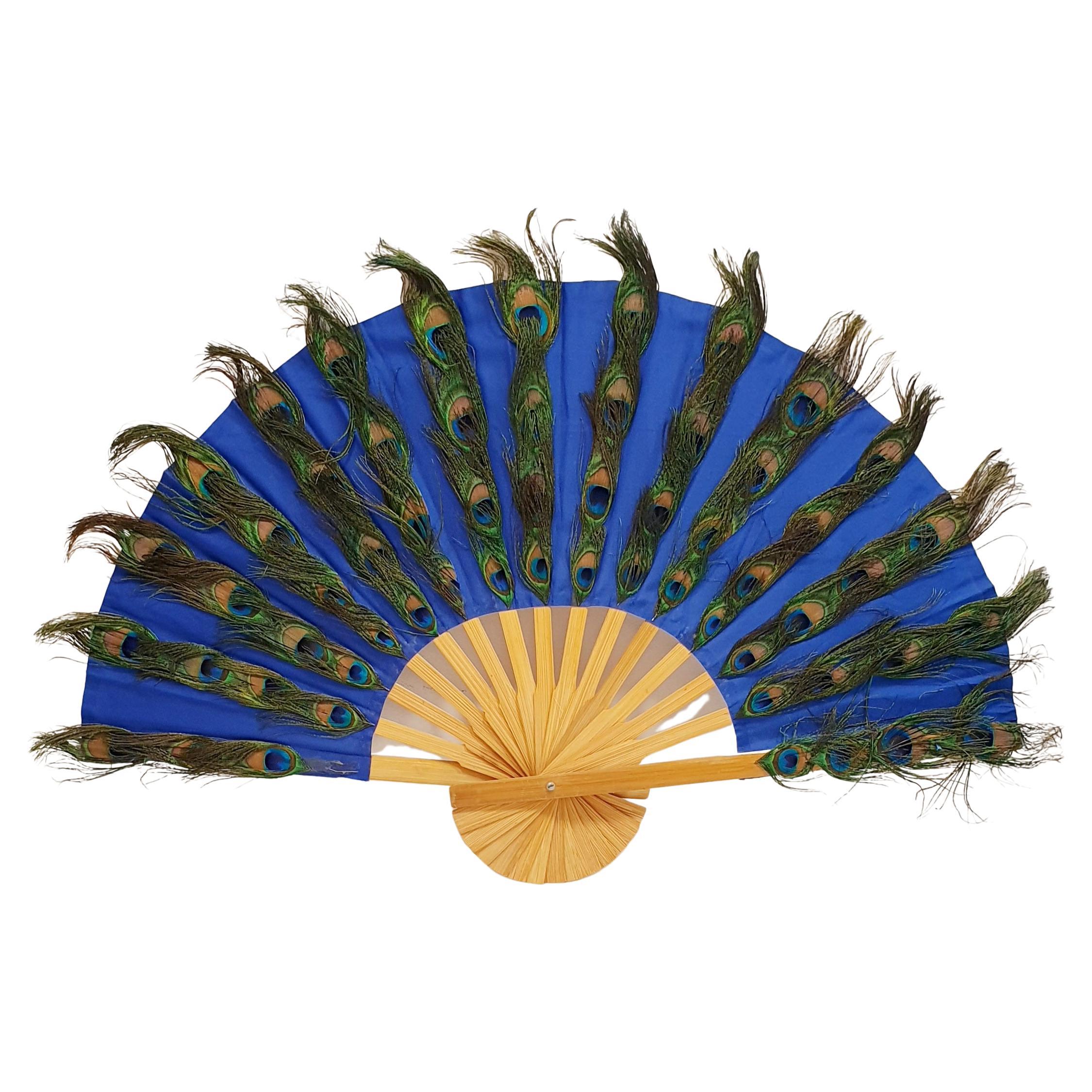 Large Peacok Feathers Fan in natural barnished pine wood  