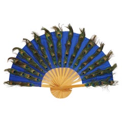 Used Large Peacok Feathers Fan in natural barnished pine wood  