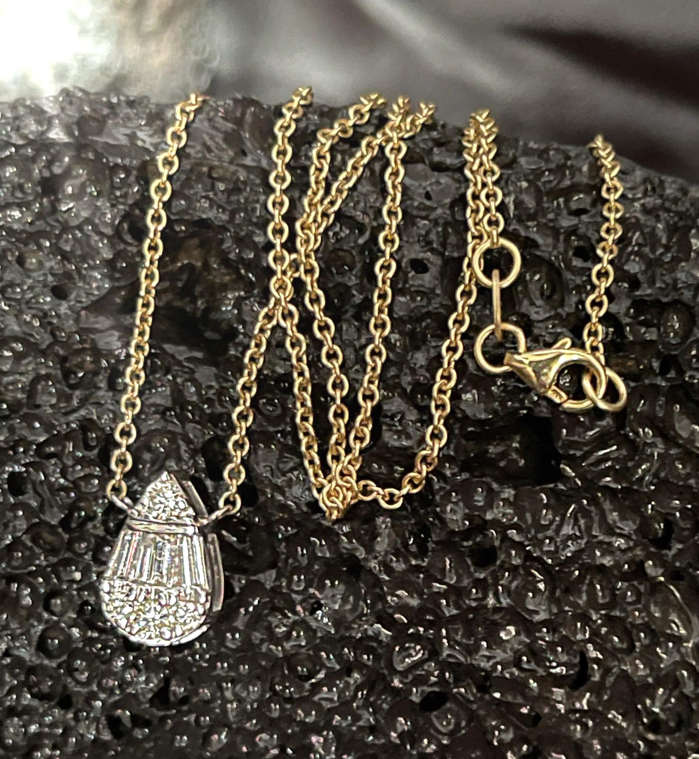 Modern Teardrop Baguette Diamond 14K Yellow Gold Pendant Necklace For Sale