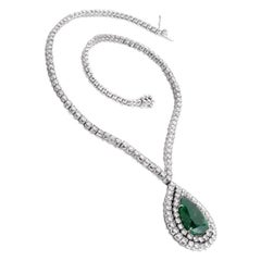 Vintage Large Pear Emerald Diamond 18 Karat White Gold Riviera Pendant Necklace