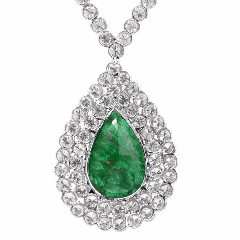 Large Pear Emerald Diamond 18 Karat White Gold Riviera Pendant Necklace ...