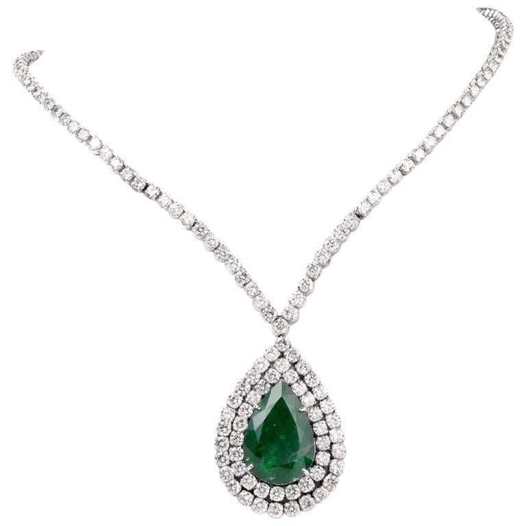 Women's Large Pear Emerald Diamond 18 Karat White Gold Riviera Pendant Necklace