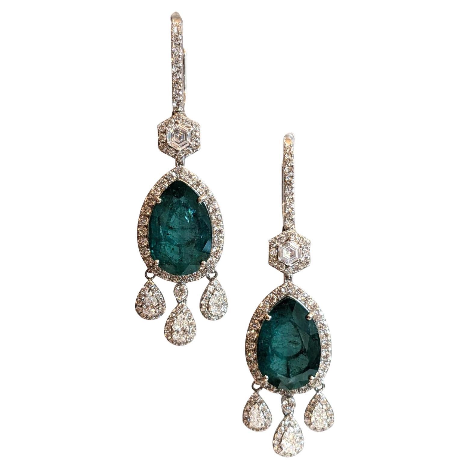 Large Pear Emerald Drop Earrings with Diamonds in 18k White Gold