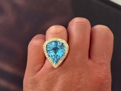Large Pear Shape Blue Topaz and Diamond Halo Ring 18K Yellow Gold