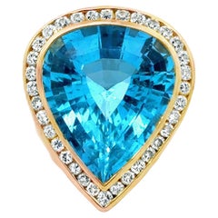 Large Pear Shape Blue Topaz and Diamond Halo Ring 18K Yellow Gold