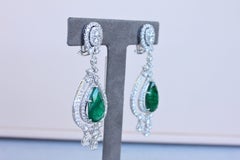 Large Pear-Shape Drop Emeralds Diamond Chandelier 18K White Gold Unique Earrings