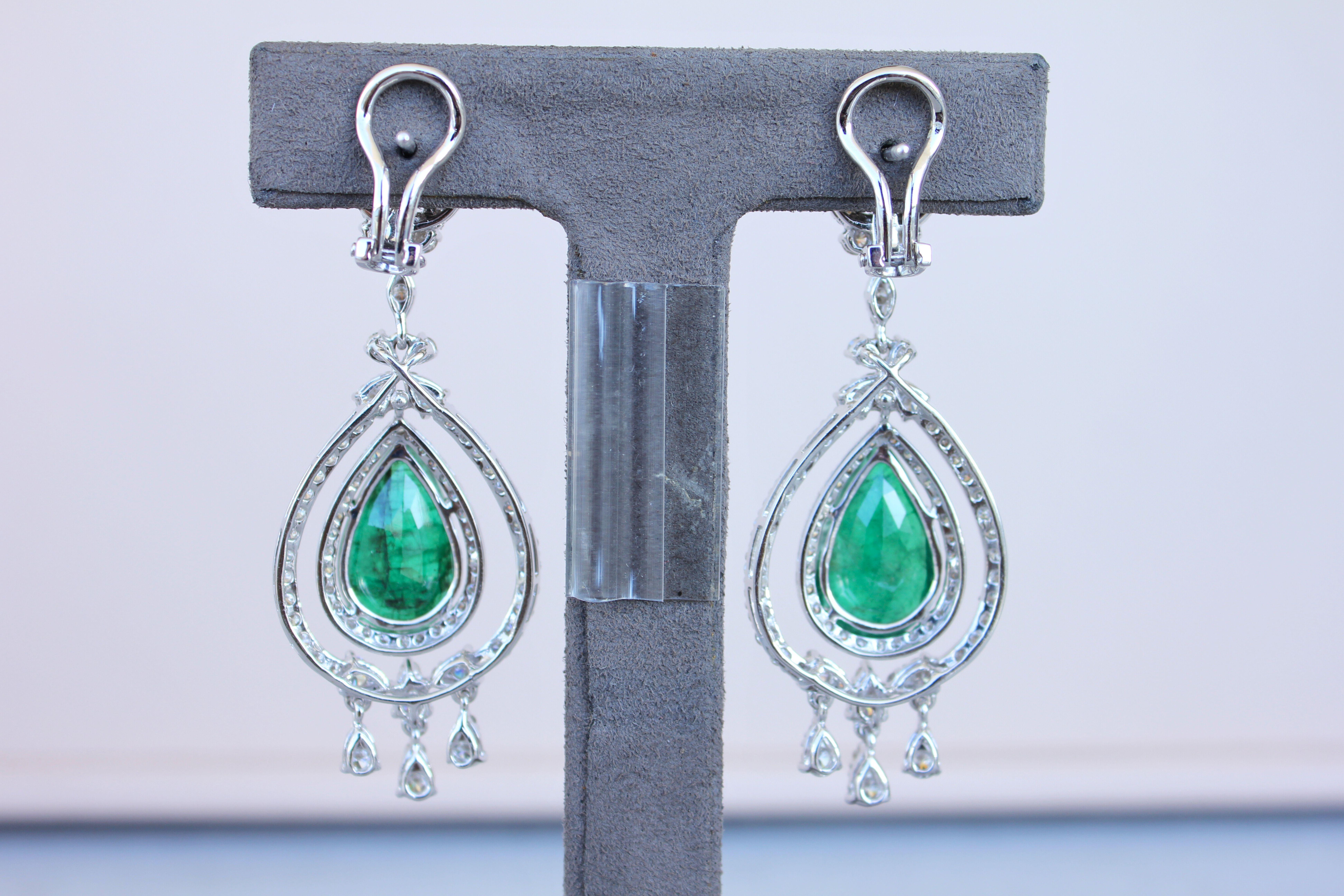 Modern Large Pear-Shape Drop Emeralds Diamond Chandelier 18K White Gold Unique Earrings For Sale