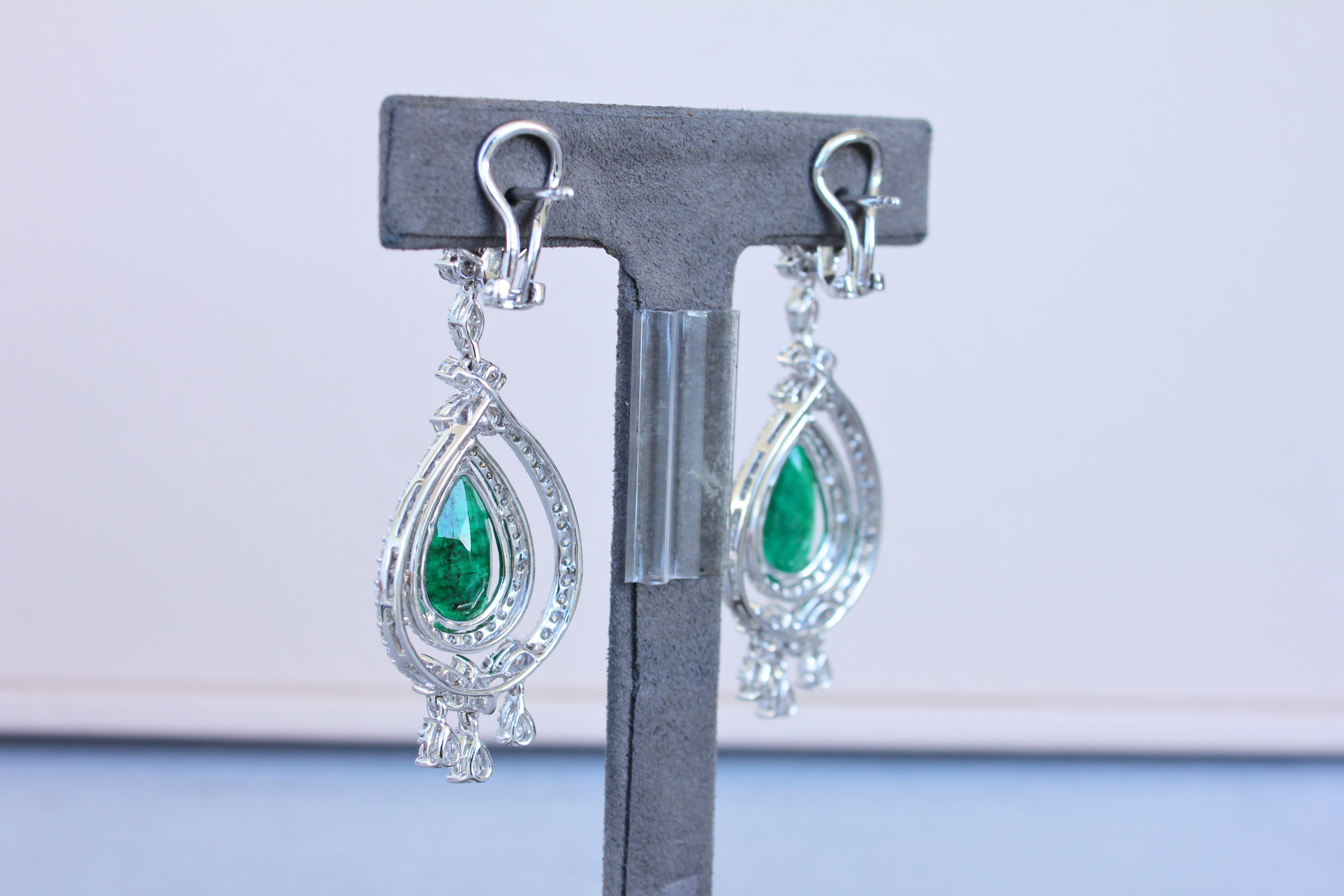 Pear Cut Large Pear-Shape Drop Emeralds Diamond Chandelier 18K White Gold Unique Earrings For Sale