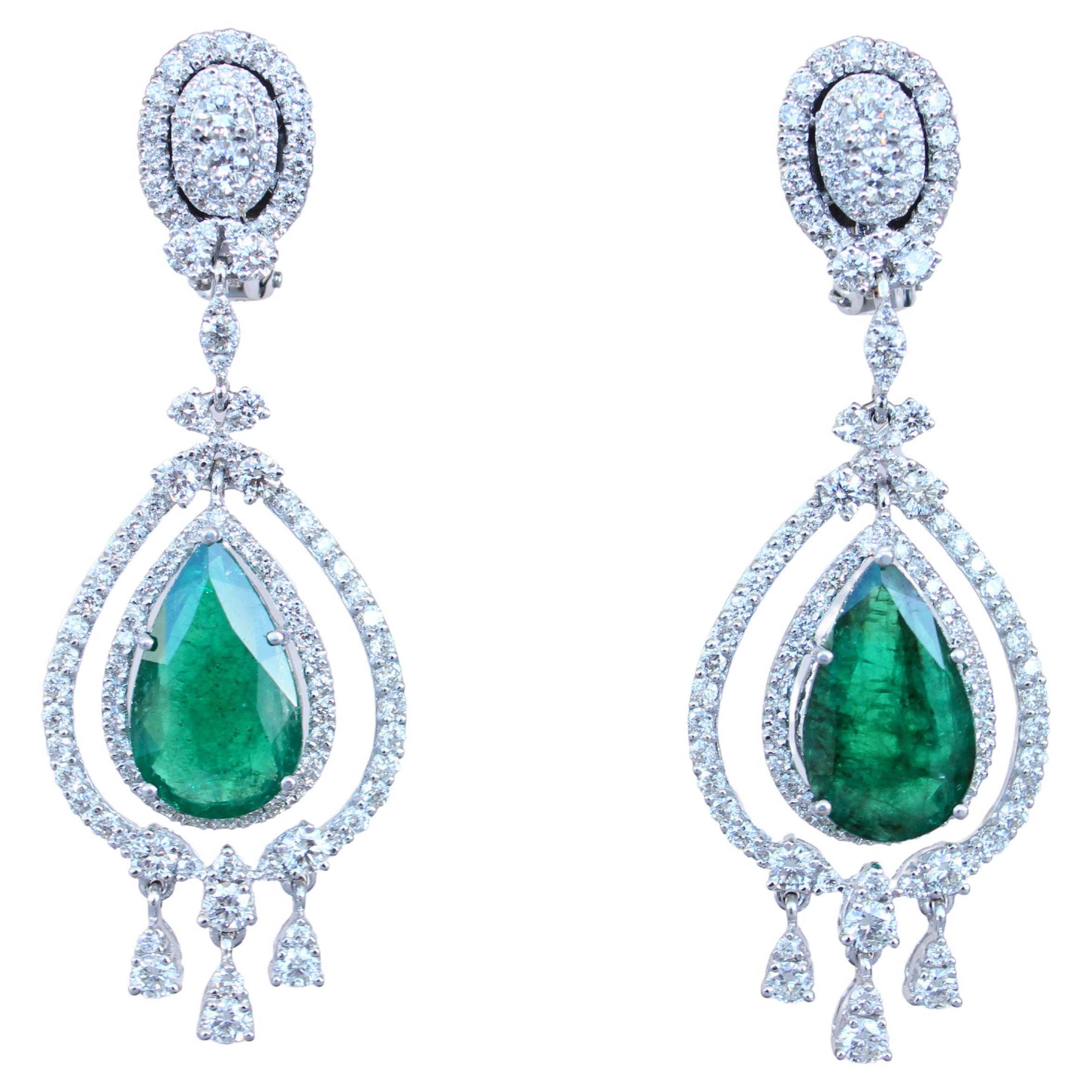 Large Pear-Shape Drop Emeralds Diamond Chandelier 18K White Gold Unique Earrings