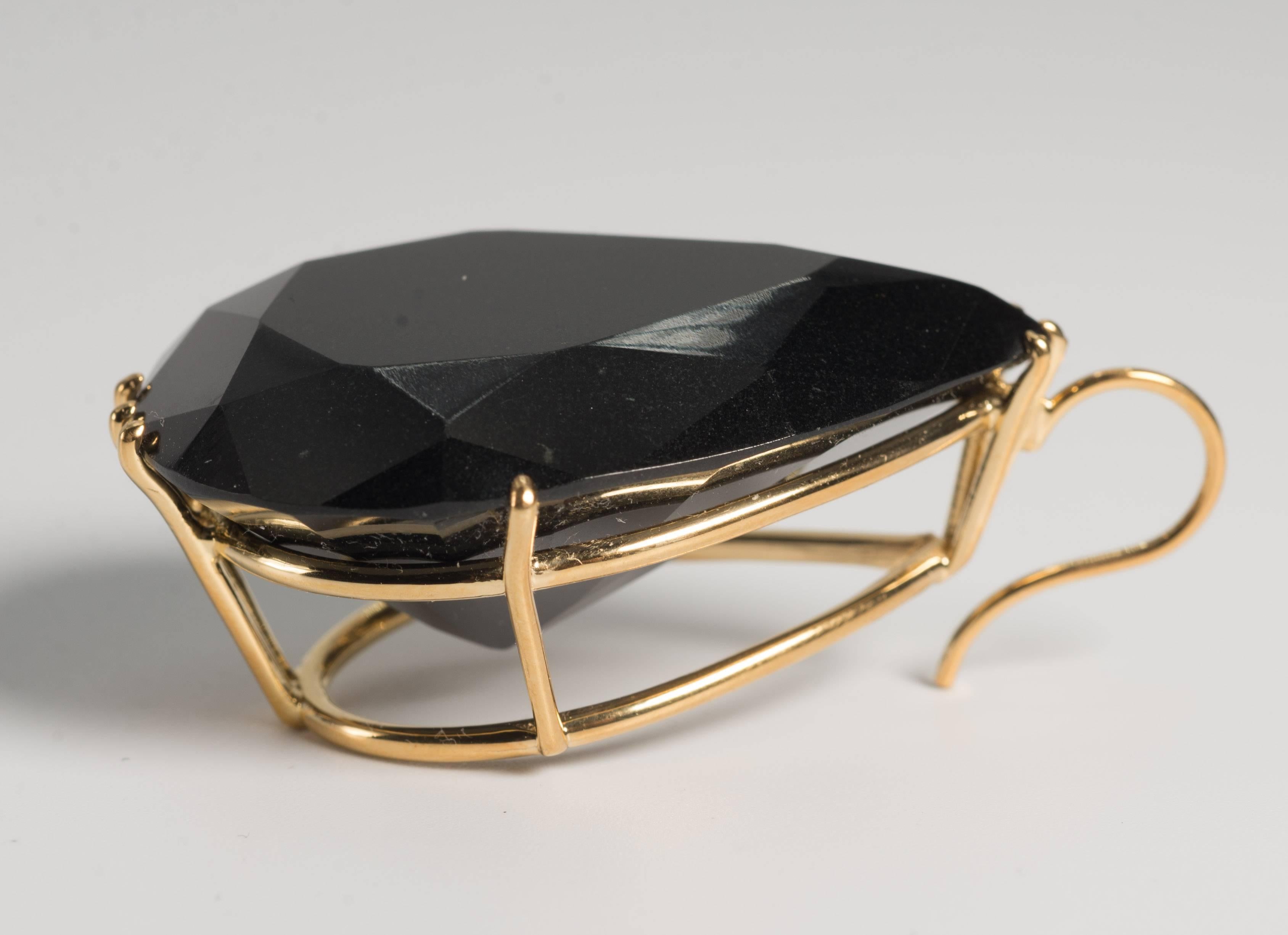Large pear shape faceted black Jade vermeil necklace enhancer easy to hang off a necklace or chain measures 1.5 inches long  by 1.25 inches wide set in sterling vermeil.