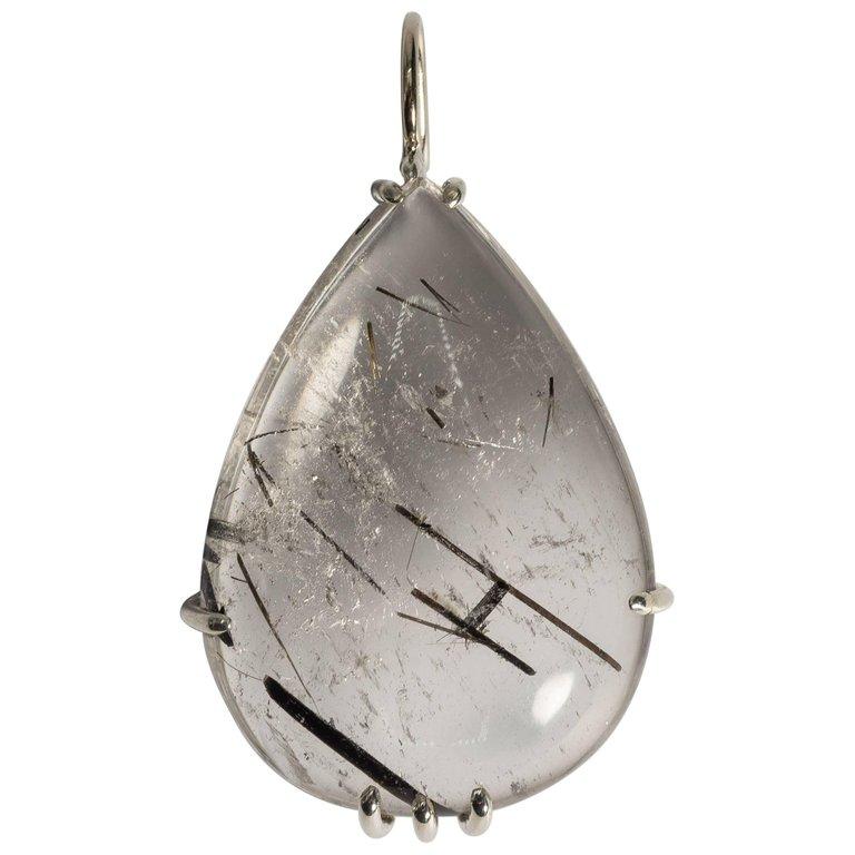 Modern Large Pear Shape Rutilated Needle Rock Crystal Sterling Necklace Enhancer For Sale