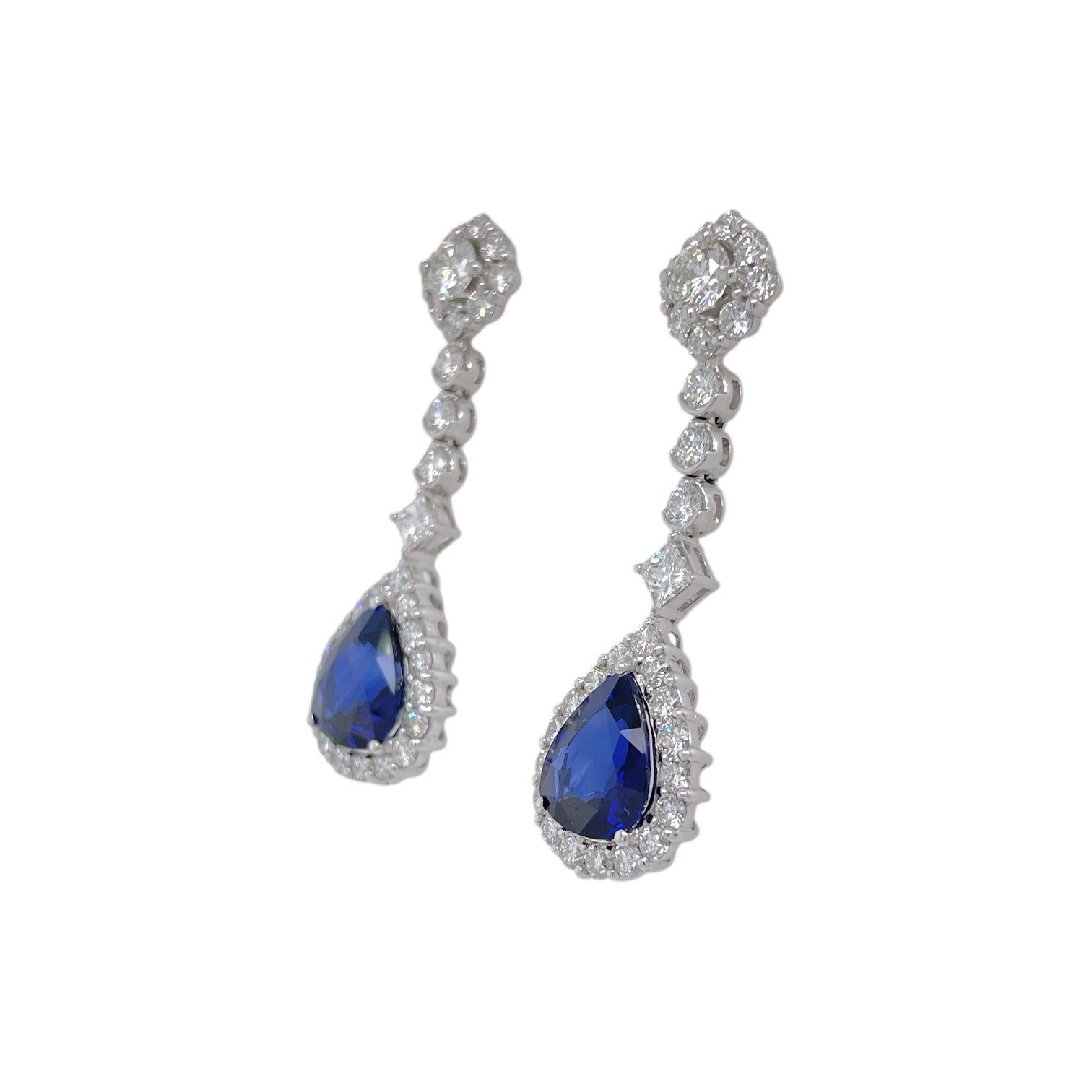 Pear Cut Large Pear Shape Sapphire & Diamond Halo Drop Earring in 18k White Gold For Sale