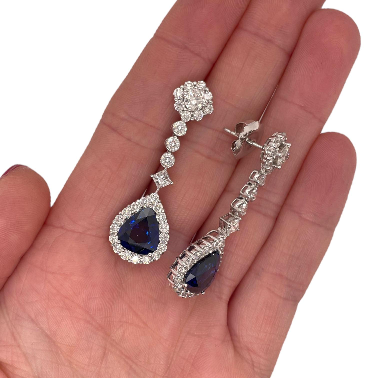 Large Pear Shape Sapphire & Diamond Halo Drop Earring in 18k White Gold In New Condition For Sale In New York, NY
