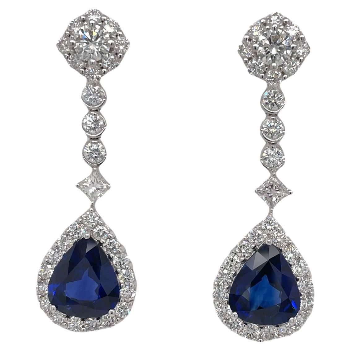 Large Pear Shape Sapphire & Diamond Halo Drop Earring in 18k White Gold