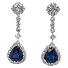 Large Pear Shape Sapphire & Diamond Halo Drop Earring in 18k White Gold