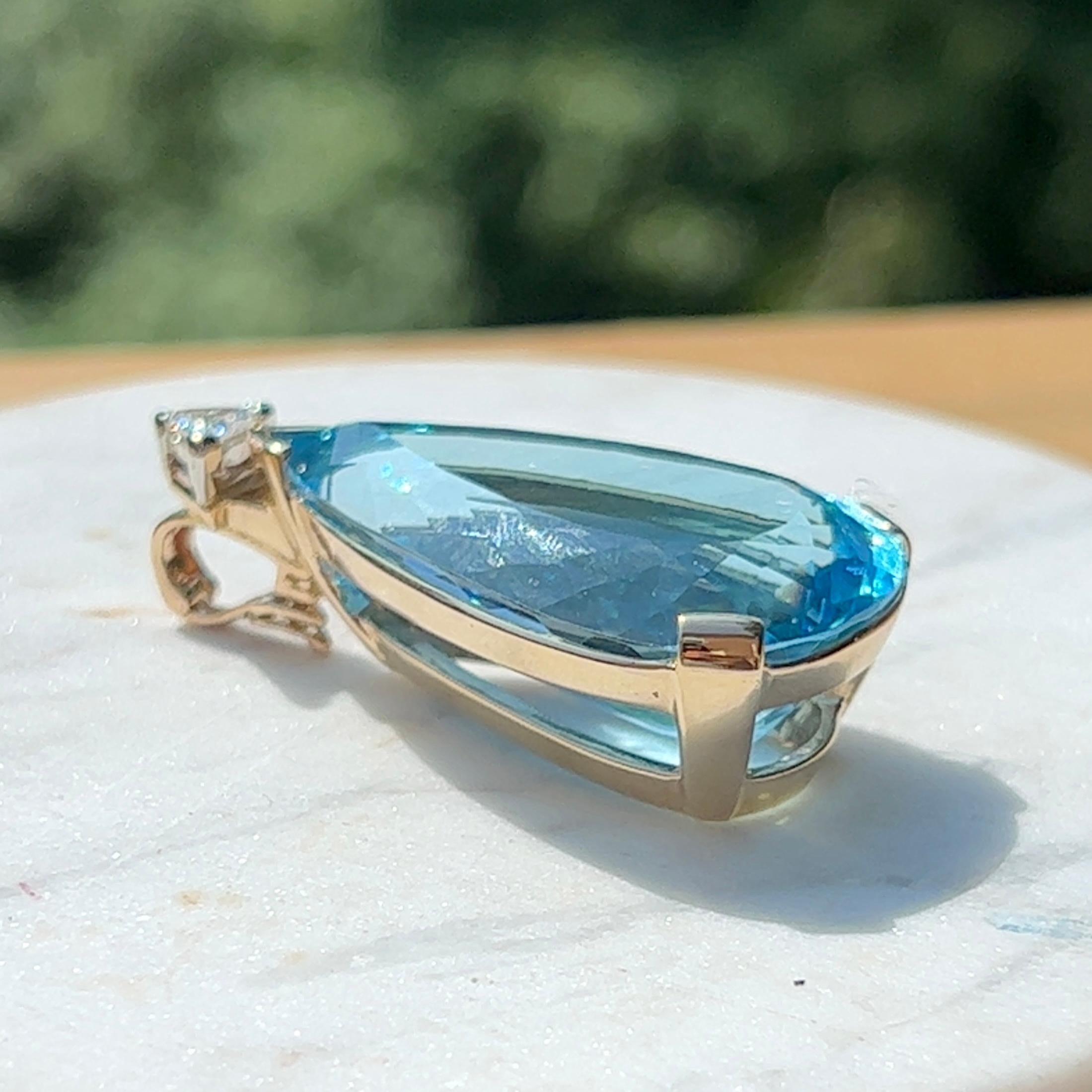 Women's Large Pear Shaped Blue Topaz & Diamond Enhancer Pendant in 14K Gold 