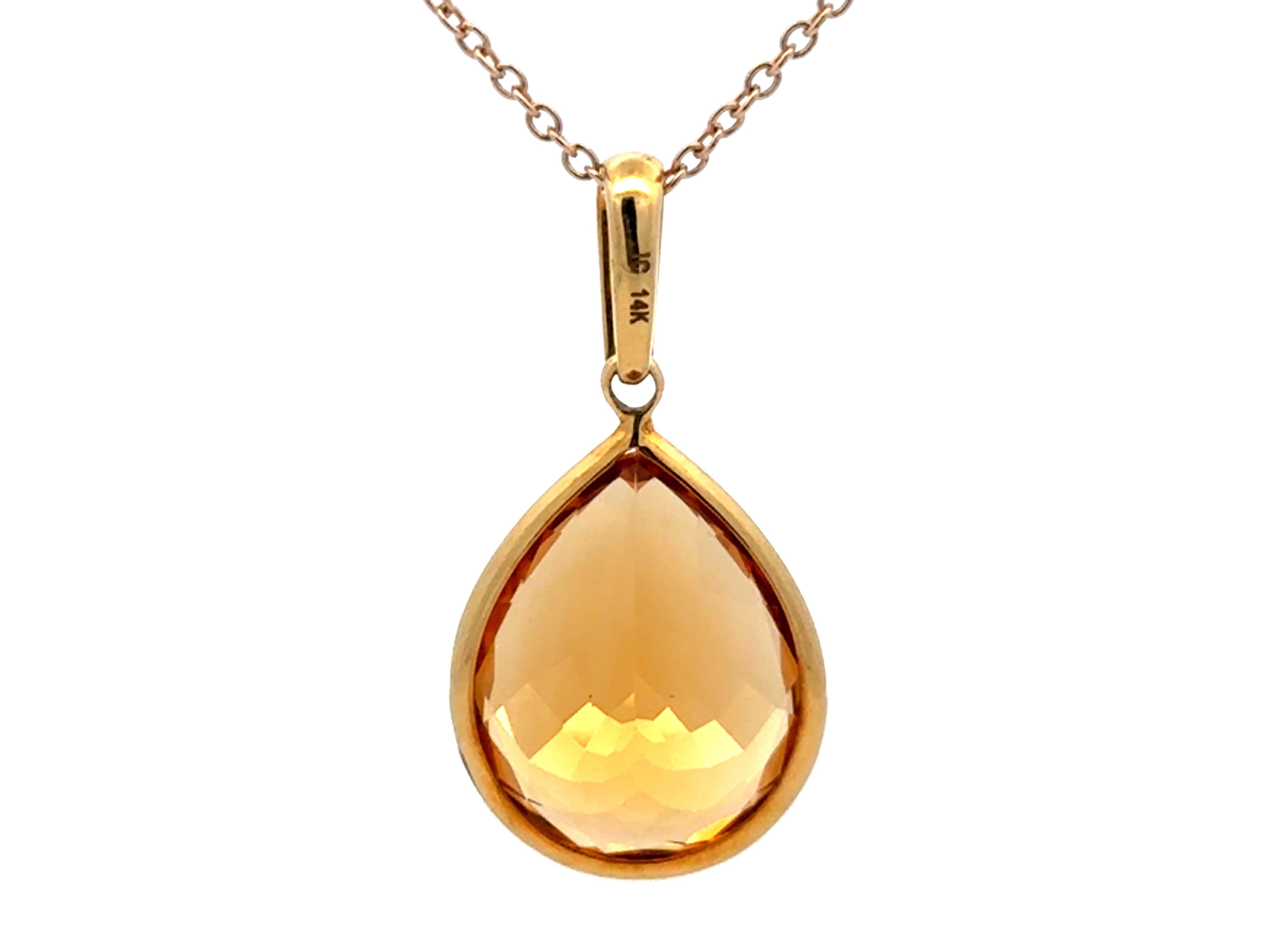 Große birnenförmige Citrin Edelstein und Diamant-Bügel Halskette 14k Gelbgold im Angebot 1