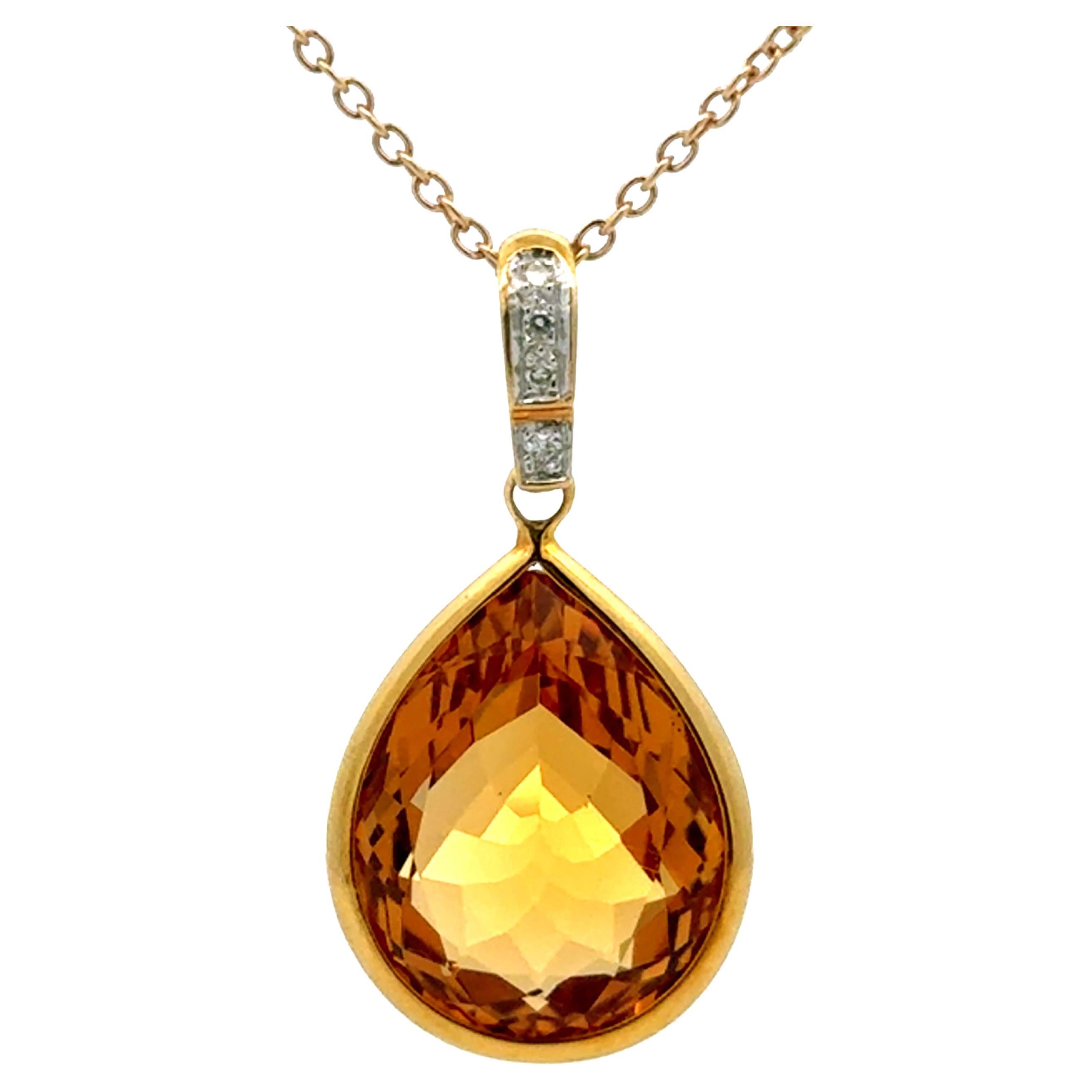 Große birnenförmige Citrin Edelstein und Diamant-Bügel Halskette 14k Gelbgold im Angebot