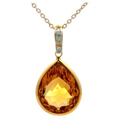 Large Pear Shaped Citrine Gemstone and Diamond Bail Necklace 14k Yellow Gold