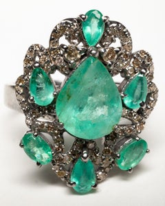 Large Pear-Shaped Emerald Cocktail Ring with Diamonds