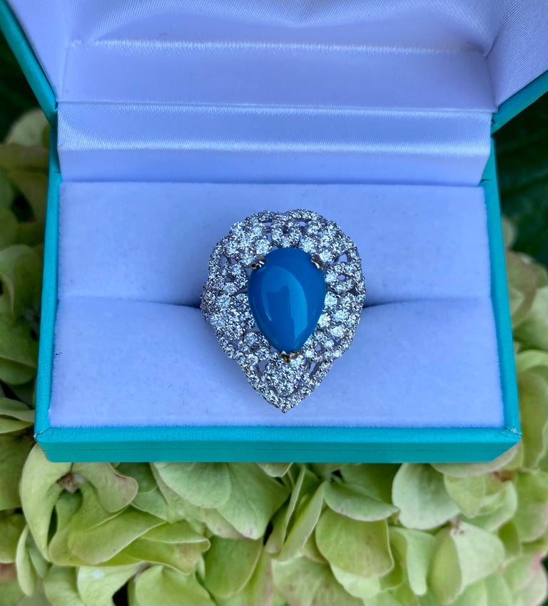 Large Pear Shaped Natural Persian Turquoise and Diamond 18 Karat Cocktail Ring For Sale 3