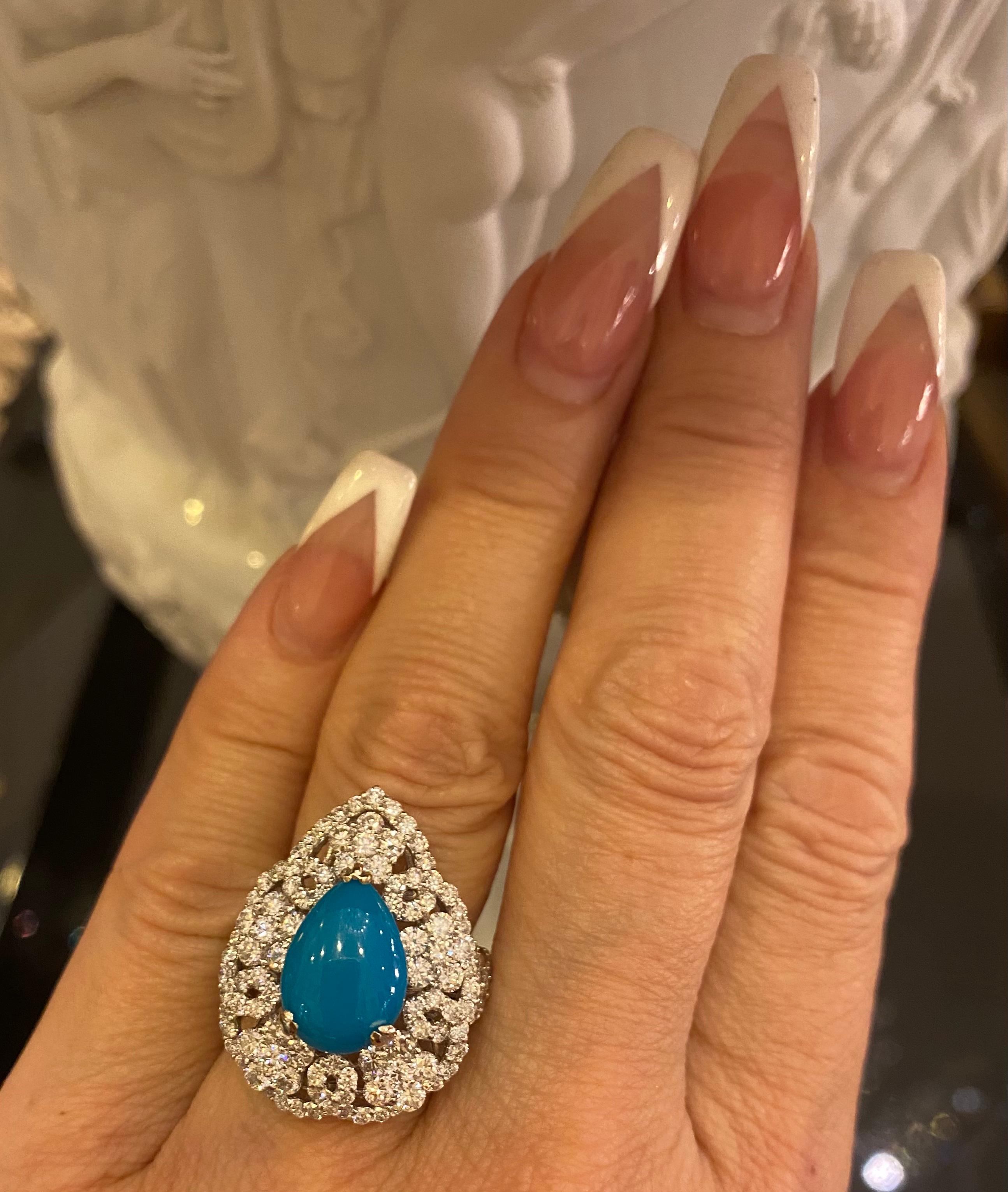 Large Pear Shaped Natural Persian Turquoise and Diamond 18 Karat Cocktail Ring 1