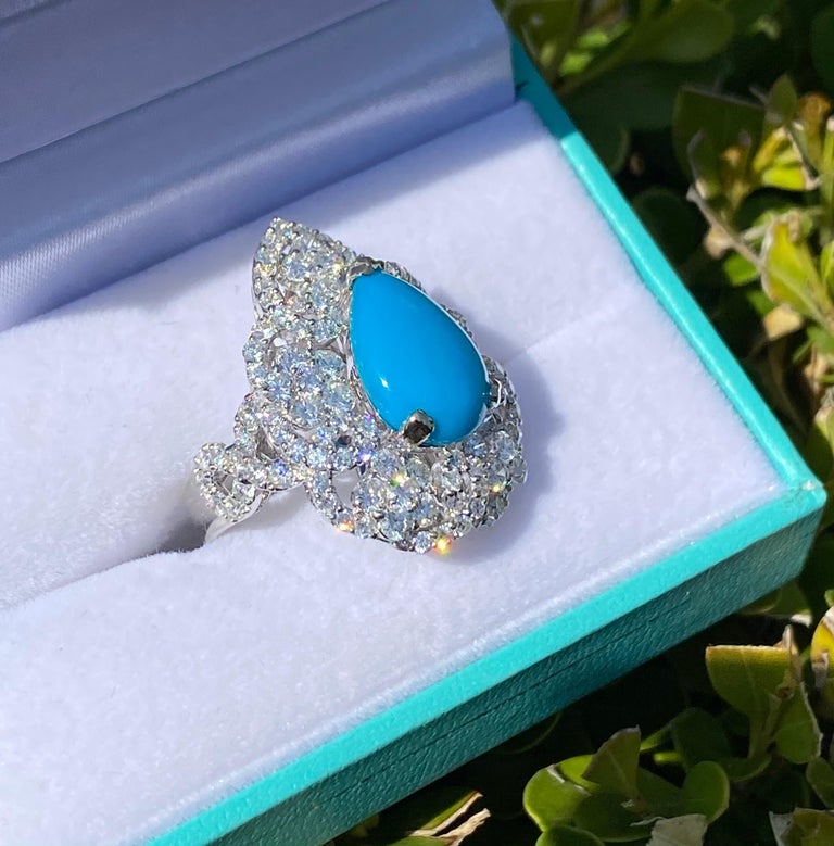 Contemporary Large Pear Shaped Natural Persian Turquoise and Diamond 18 Karat Cocktail Ring For Sale