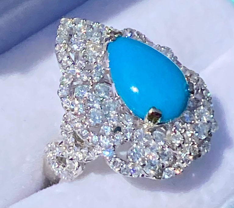 Large Pear Shaped Natural Persian Turquoise and Diamond 18 Karat Cocktail Ring In Excellent Condition For Sale In Tustin, CA