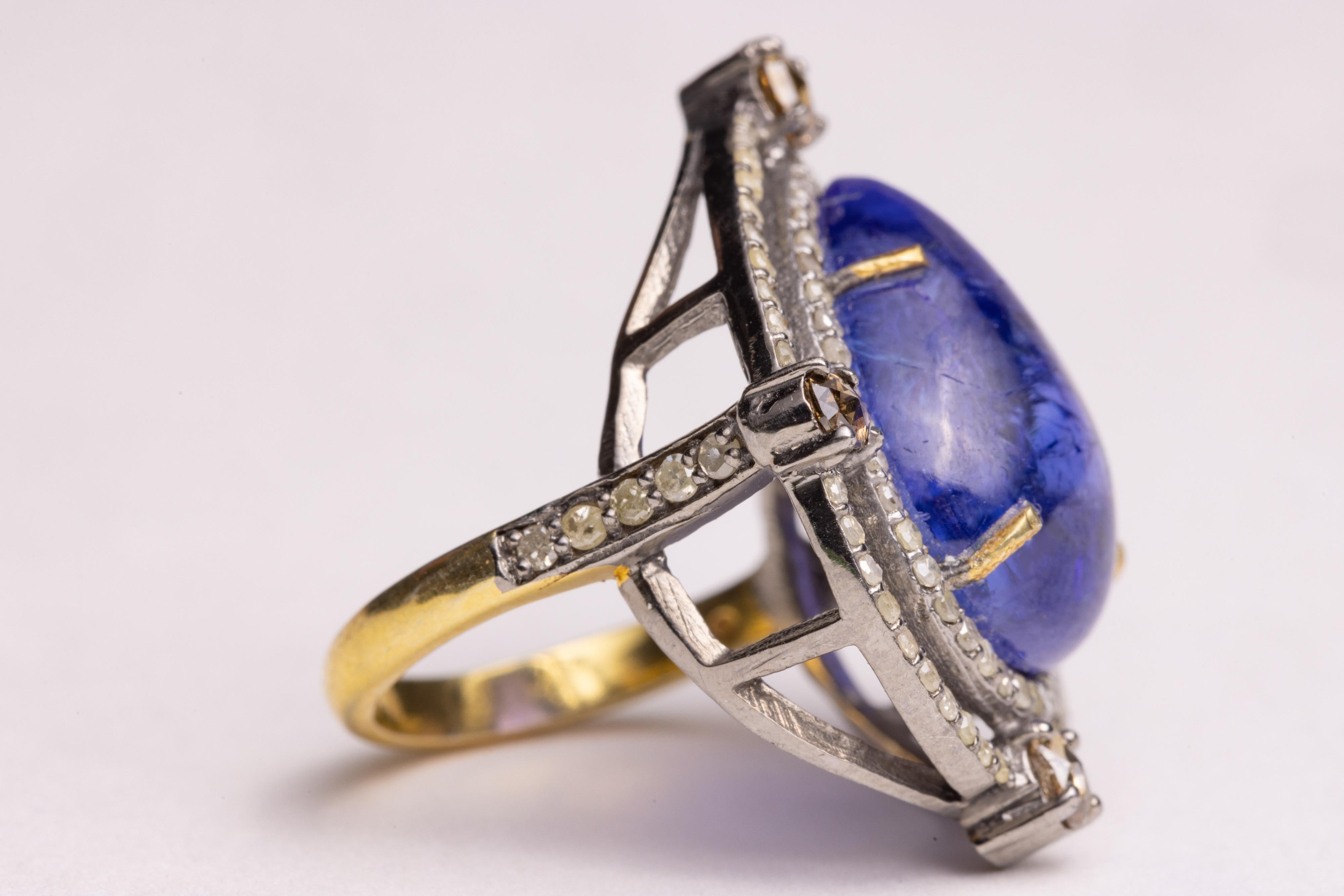 Pear Cut Large Pear-Shaped Tanzanite Dome Cocktail Ring with Diamonds For Sale