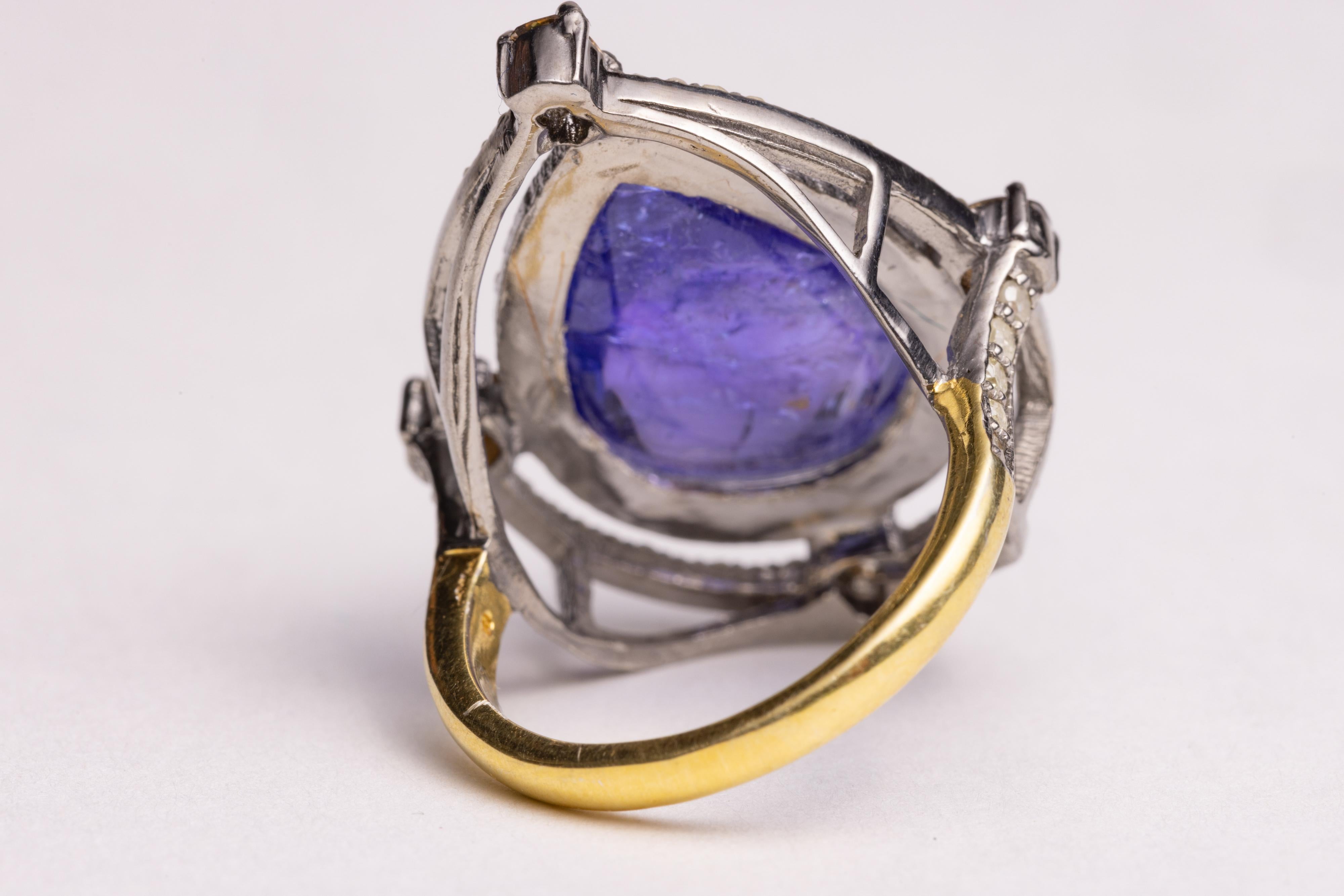 Large Pear-Shaped Tanzanite Dome Cocktail Ring with Diamonds In Excellent Condition For Sale In Nantucket, MA
