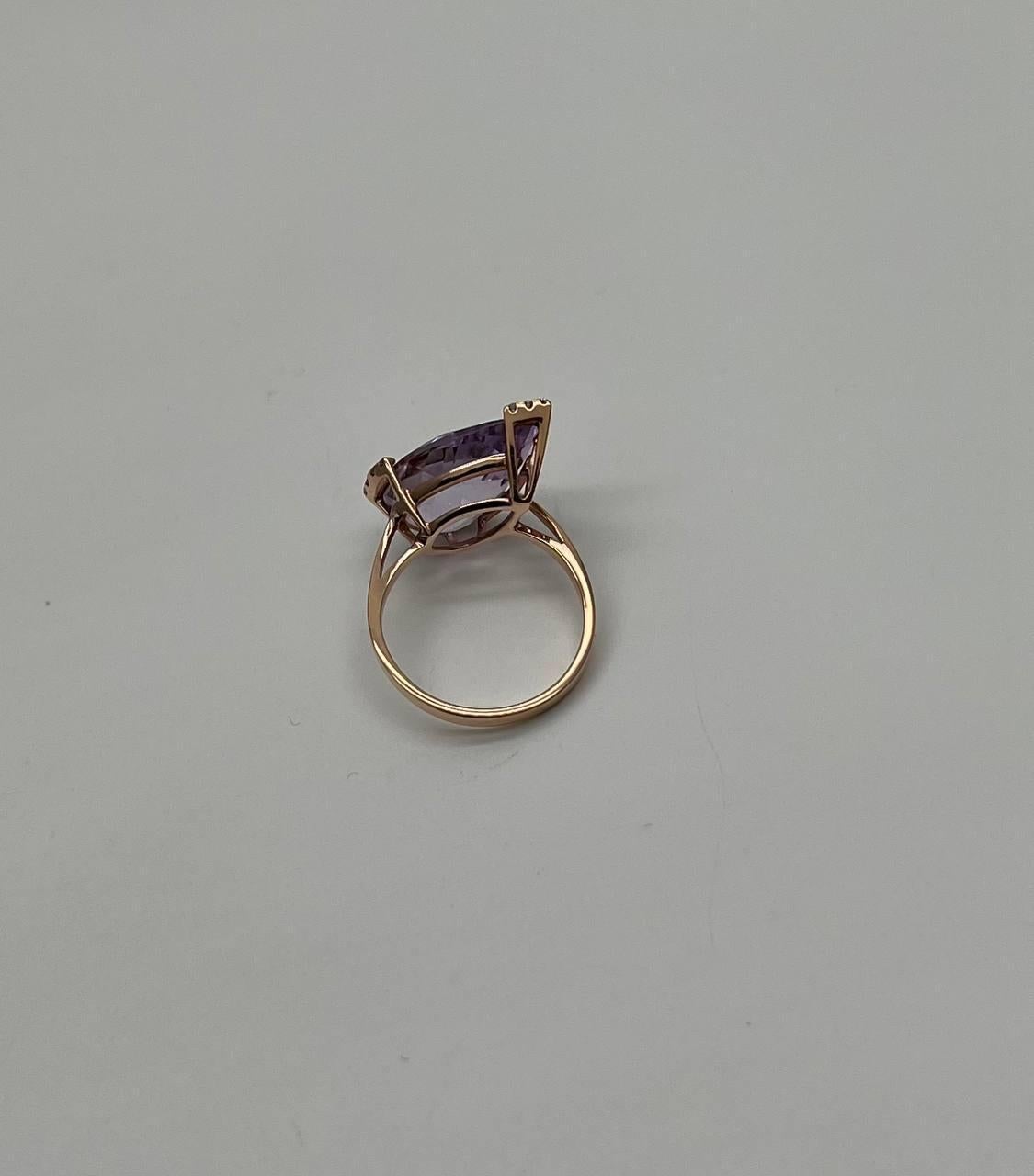 Large Pear Teardrop Shape Light Violet Purple Amethyst Rose Gold Diamonds Ring In New Condition For Sale In Oakton, VA