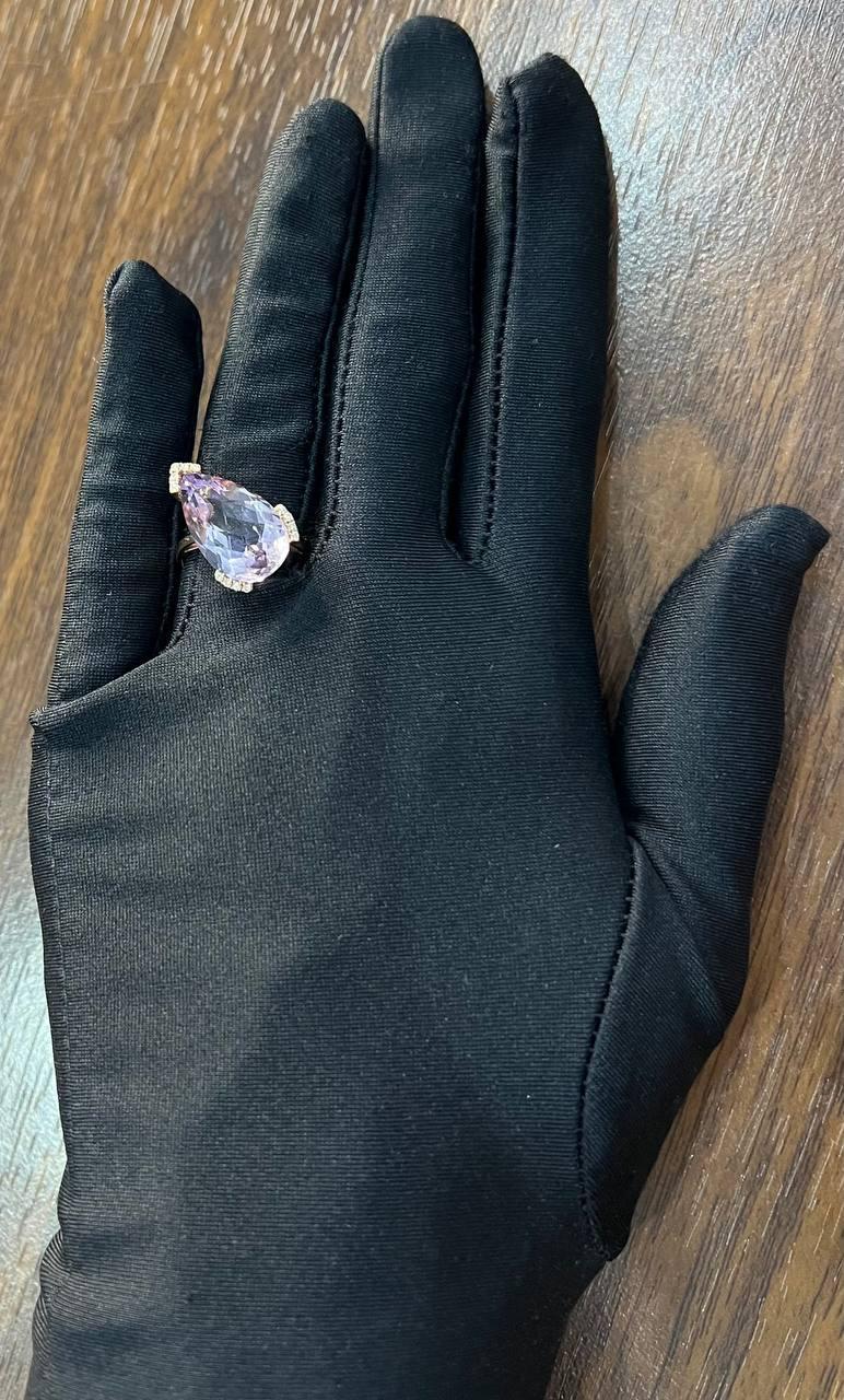 Large Pear Teardrop Shape Light Violet Purple Amethyst Rose Gold Diamonds Ring For Sale 1