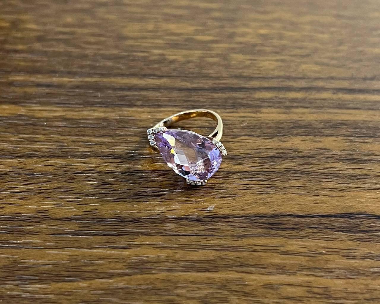 Large Pear Teardrop Shape Light Violet Purple Amethyst Rose Gold Diamonds Ring For Sale 3