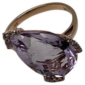 Large Pear Teardrop Shape Light Violet Purple Amethyst Rose Gold Diamonds Ring