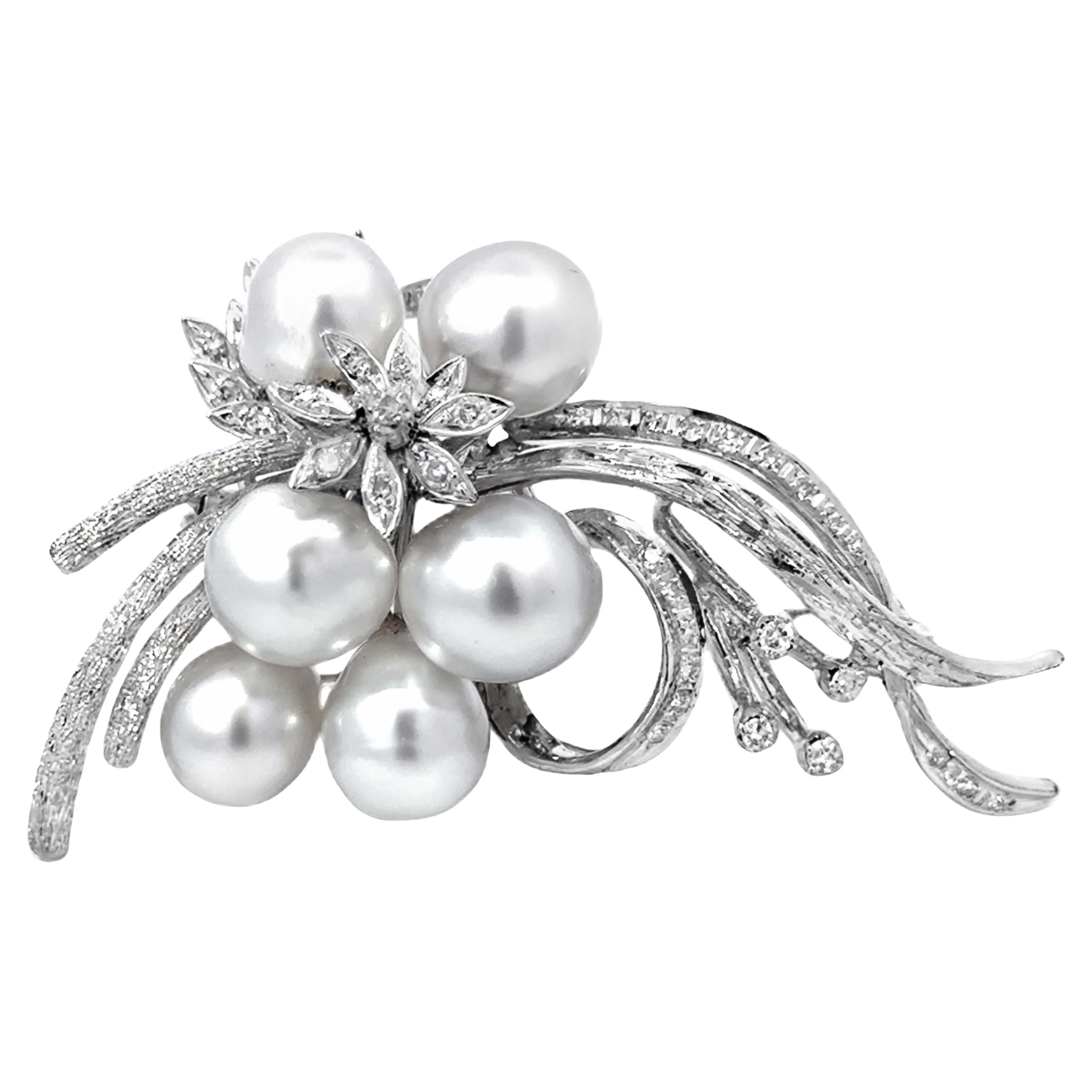 Large Pearl and Diamond Brooch 18K White Gold