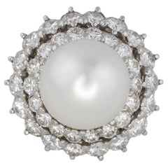 Large Pearl and Diamond Double Halo Ring