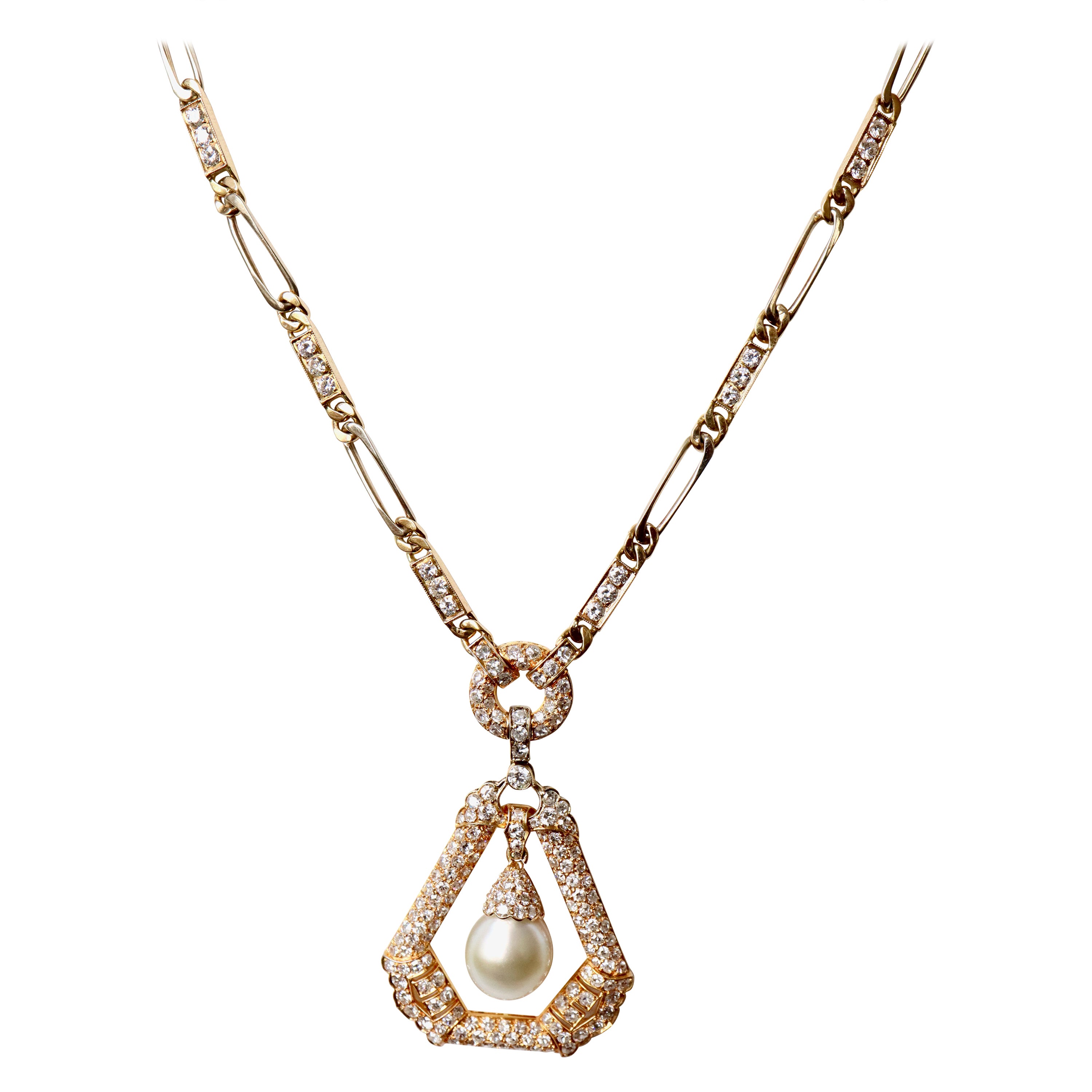 Grand collier pendentif en or 18 carats avec perles et diamants
