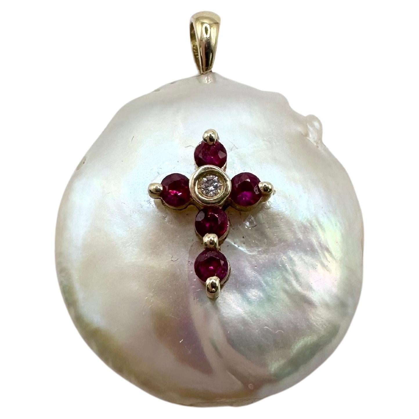 Large pearl and ruby pendant 14KT baroque pearl pendant cross  For Sale