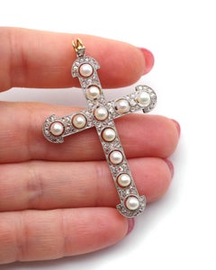 Large pearl diamond cross pendant in platinum and 18 karat gold
