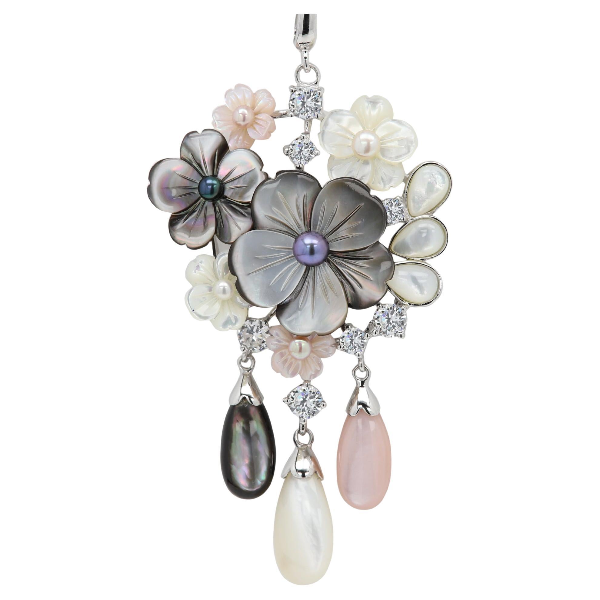 Large Pearl Necklace Mother of Pearl awesome flower Pendant sterling silver 925