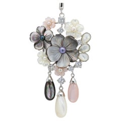 Large Pearl Necklace Mother of Pearl awesome flower Pendant sterling silver 925