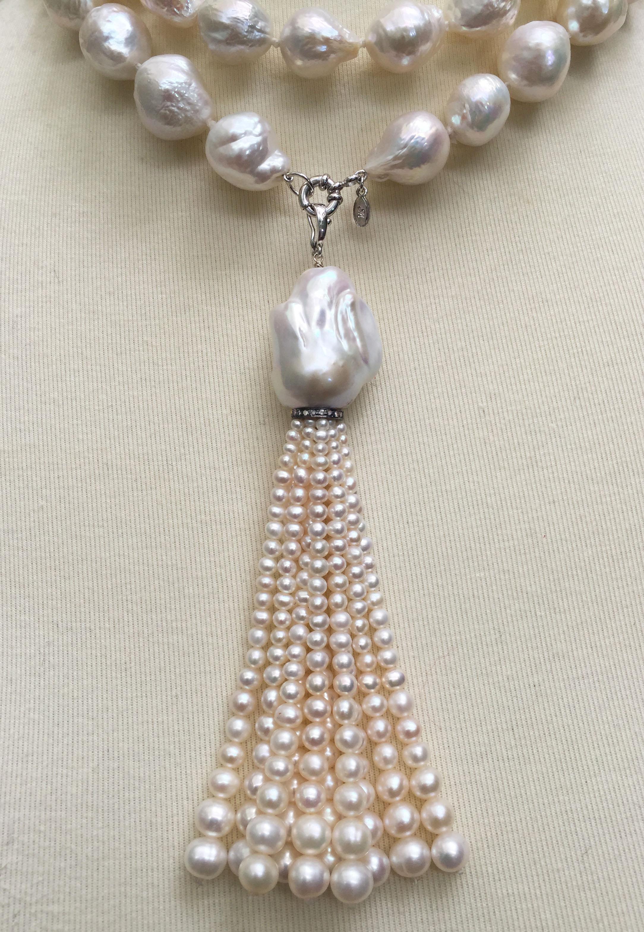 Large Pearl Necklace with Pearl and Diamond Tassel and 14 Karat White Gold Clasp In New Condition In Los Angeles, CA