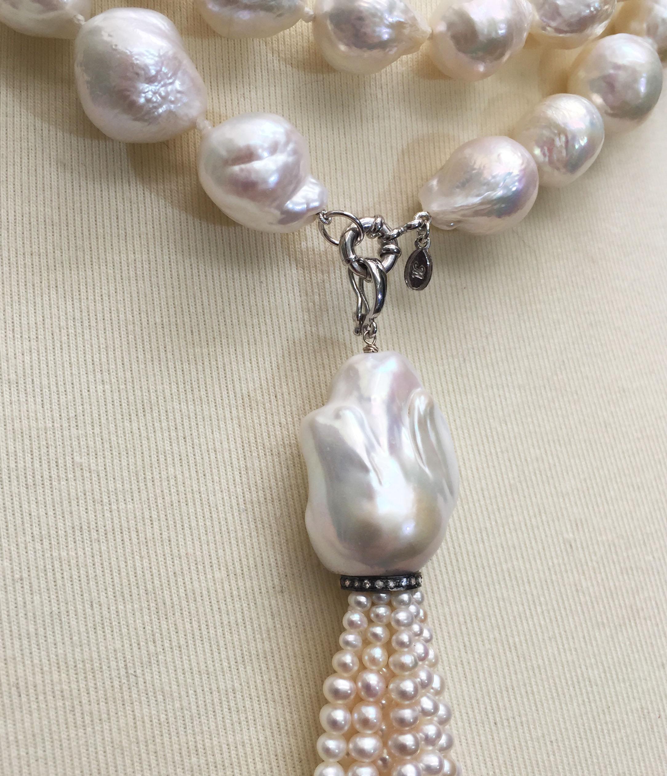 Women's Large Pearl Necklace with Pearl and Diamond Tassel and 14 Karat White Gold Clasp