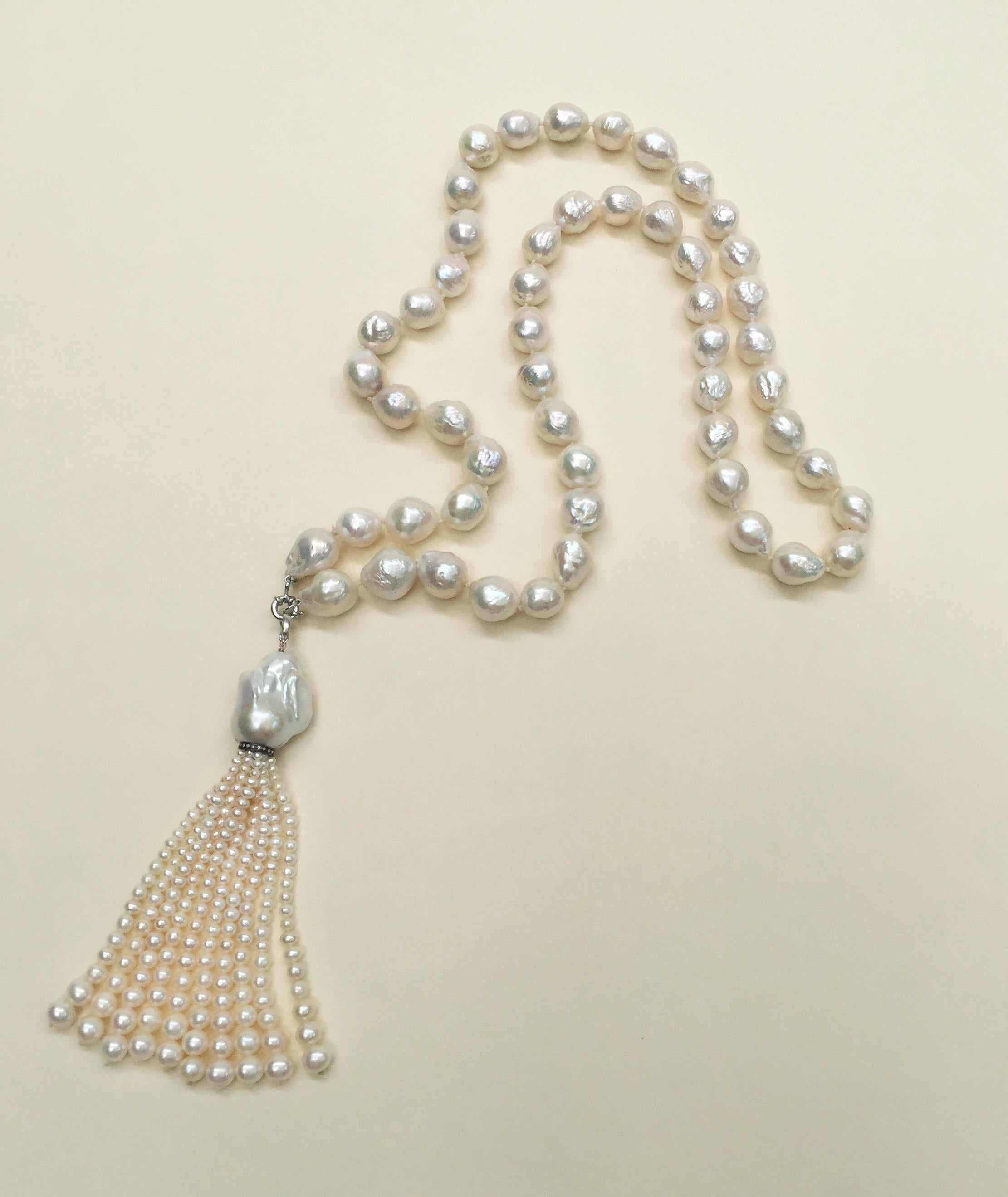 Large Pearl Necklace with Pearl and Diamond Tassel and 14 Karat White Gold Clasp 3