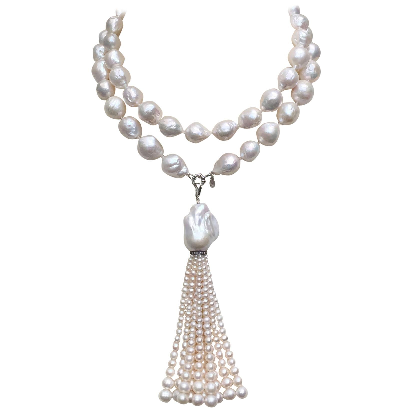 Large Pearl Necklace with Pearl and Diamond Tassel and 14 Karat White Gold Clasp