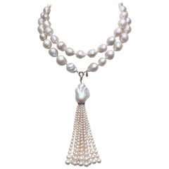 Large Pearl Necklace with Pearl and Diamond Tassel and 14 Karat White Gold Clasp