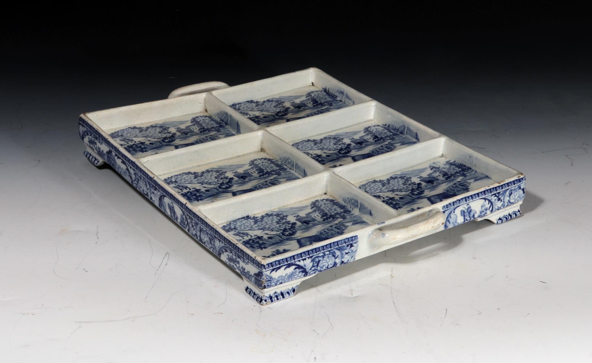 19th Century Large Pearlware Blue Printed Tray with The Angry Lion Pattern For Sale