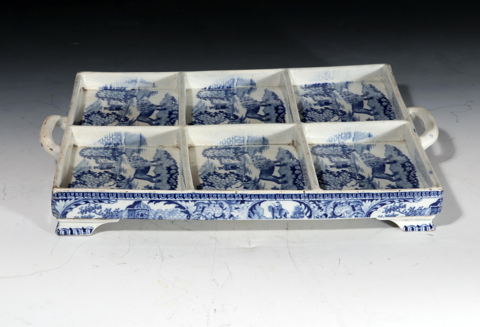 Large Pearlware Blue Printed Tray with The Angry Lion Pattern For Sale 1